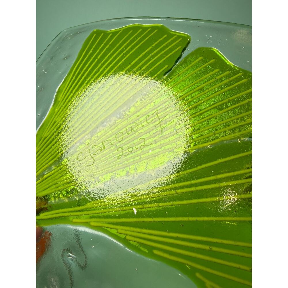 Set Fused Art Glass Plates Trinket Dish Botanical Ginkgo Biloba Leaf C Janowicz - Picture 7 of 7